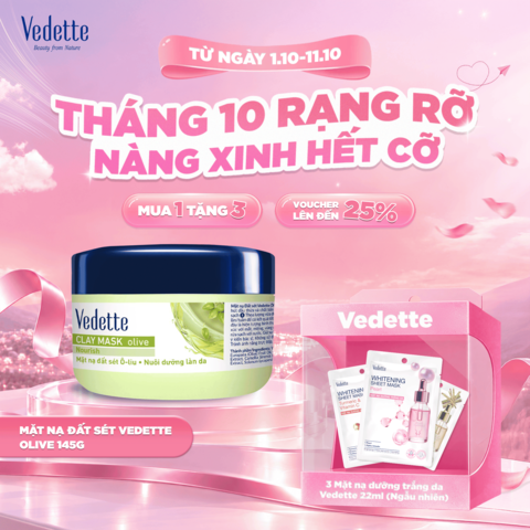 Mặt nạ đất sét Vedette Olive 145g hút dầu thừa và chất bẩn trên da, nuôi dưỡng làn da. Dùng cho mọi loại da.