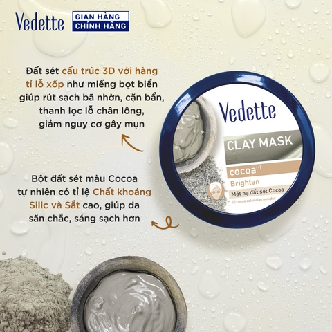 COMBO 1 Mặt nạ đất sét Vedette 145g + 1 Gel chấm mụn Tràm trà 18ml giúp da sạch dầu thừa, hỗ trợ ngăn ngừa mụn.