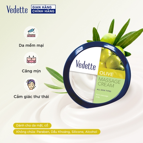 Kem massage mặt và body Olive Vedette 145ml nuôi dưỡng và củng cố hàng rào bảo vệ da, giúp da mềm mượt và căng mịn, thư giãn như ở spa.