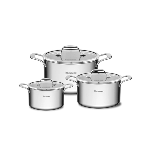 Bộ 3 nồi inox 5 lớp toàn phần Nagakawa Natsu NAG1356 (16cm, 20cm, 24cm)
