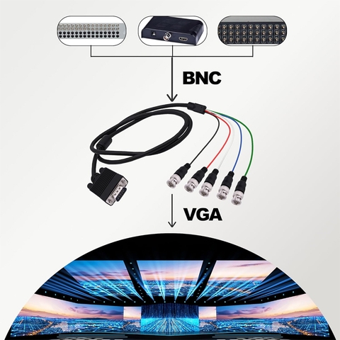 VGA to BNC HD15 adapter cable, VGA to 5 male-to-male BNC connectors RGBHV for monitors, projectors, and computers.