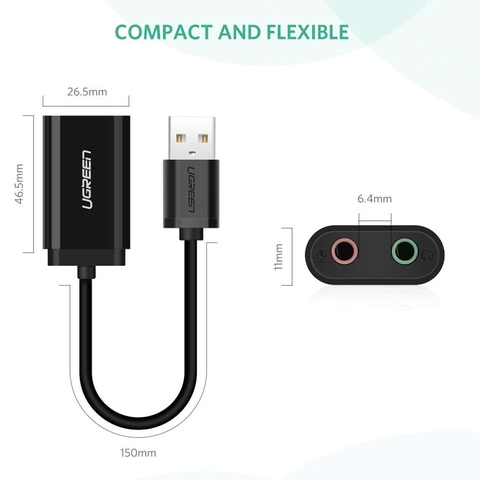 USB sound card Ugreen US205 30724 - USB audio adapter external stereo sound card with 3.5mm headphone and microphone jack