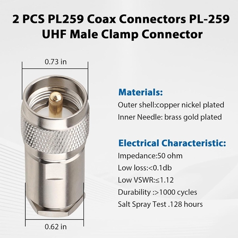 PL259 Coax Connectors 50 Ohm PL-259 UHF Male Clamp Connector for LMR400 KMR400 RG8 RG8U RG213 Coaxial Cable