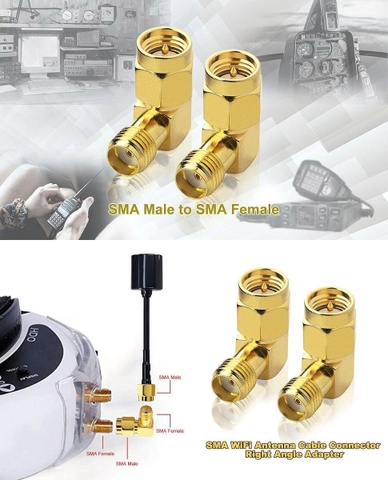 SMA right-angle adapter, SMA male to SMA female connector, 90-degree elbow for FPV goggles, transmitters, and VTX antennas