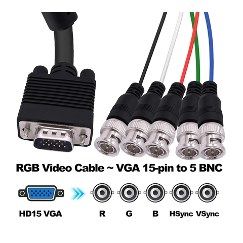 VGA to BNC HD15 adapter cable, VGA to 5 male-to-male BNC connectors RGBHV for monitors, projectors, and computers.