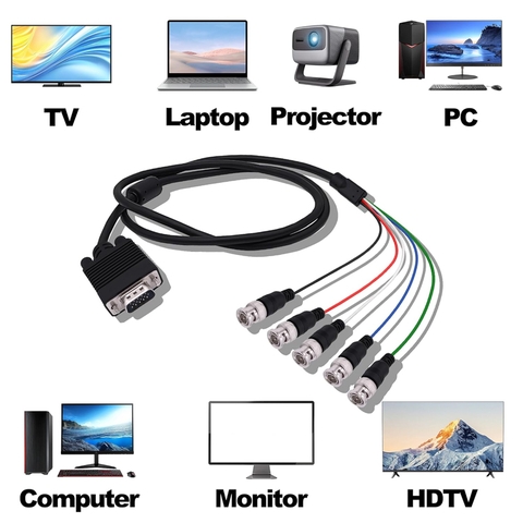 VGA to BNC HD15 adapter cable, VGA to 5 male-to-male BNC connectors RGBHV for monitors, projectors, and computers.