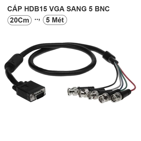 VGA to BNC HD15 adapter cable, VGA to 5 male-to-male BNC connectors RGBHV for monitors, projectors, and computers.