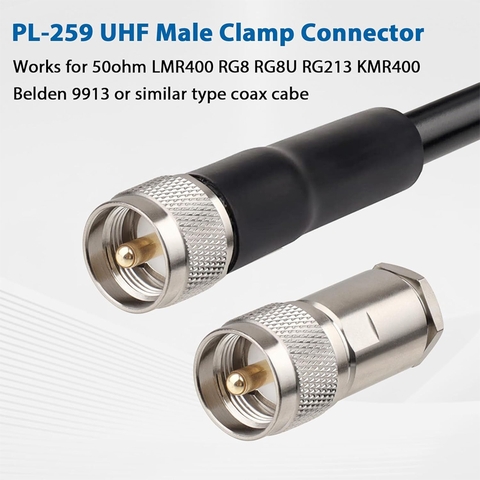 PL259 Coax Connectors 50 Ohm PL-259 UHF Male Clamp Connector for LMR400 KMR400 RG8 RG8U RG213 Coaxial Cable