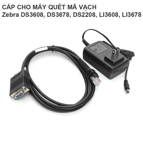 RS232 Serial Cable with 12V Power Supply for Zebra DS2208 DS3608 DS3678 LI3608 LI3678 Handheld Barcode Scanner, RJ-45 Interface to DB9 Female Connector