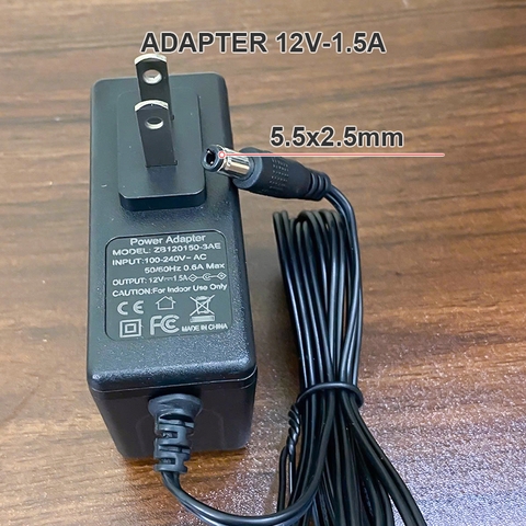 Cục sạc nguồn 12V1.5A chân DC5.5x2.5mm - Converts AC power to 12-volt DC power supply with 24 watts of power.