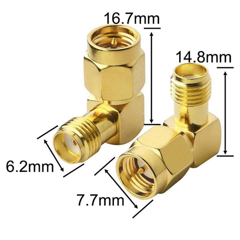 SMA right-angle adapter, SMA male to SMA female connector, 90-degree elbow for FPV goggles, transmitters, and VTX antennas