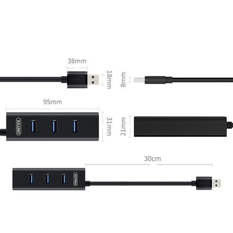 Bộ chia 4 cổng USB 3.0 Unitek Y-3089 có cổng hỗ trợ nguồn ngoài