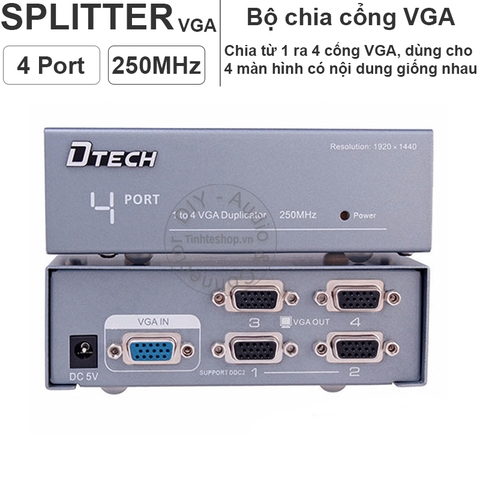 Bộ chia VGA 1 ra 2 250MHz 1920x1440P DTECH DT-7252 - VGA splitter 1 to 2 port