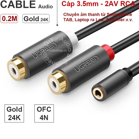 Cáp chia audio 3.5mm cái ra 2 đầu AV RCA cái 25Cm Ugreen 10562