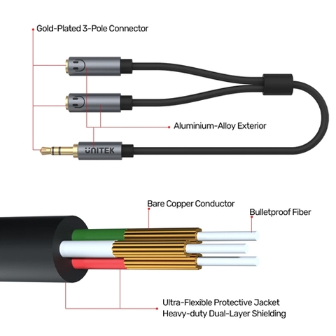 Cáp chia tai nghe 3.5mm 1 ra 2 Unitek Y-C956ABK 20Cm - 3.5mm stereo splitter cable 1 to 2 - Plug in 2 Headphones Speaker