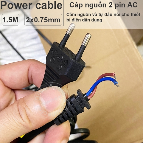Cáp nguồn 2 chấu đầu tròn hàn vào mạch điện 1.5 mét 3x0.75mm