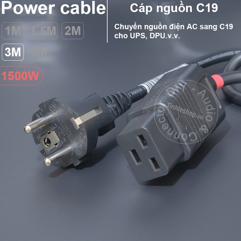Cáp nguồn C19 phích thẳng EU 16A-250V 3x0.75mm 1500W DIY 0.5 đến 5 mét - C19 Power Cable for UPS DPU