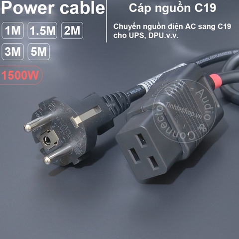 Cáp nguồn C19 phích thẳng EU 16A-250V 3x0.75mm 1500W DIY 0.5 đến 5 mét - C19 Power Cable for UPS DPU