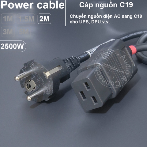 Dây nguồn C19 cho bộ lưu điện UPS DPU DIY 0.5 đến 3 mét phích thẳng EU 16A-250V 3x1mm 2500W