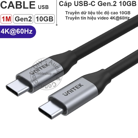 Cáp USB type C 3.1 Gen 2 10Gbps video HD 4K60Hz power 100W Unitek C14083ABK 1 mét