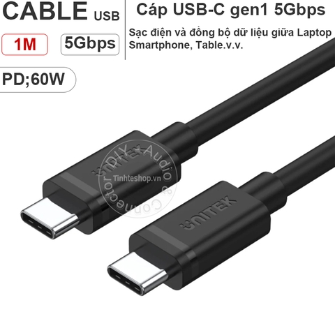 Cáp USB type C gen 1 5Gbps PD60W 1 mét Unitek Y-C477BK - USB-C Charging Cable with 5Gbps