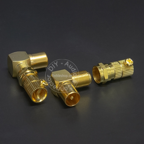Phích cắm rắc anten TV kèm chuôi vặn bẻ góc đồng mạ vàng - 9.5mm TV connector angle gold 24K