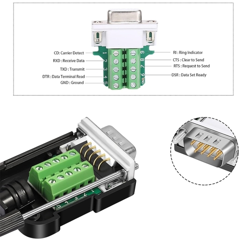 Đầu RS232 DB9 không hàn bắt vít cổng đực - DB9 Solderless Breakout Connector, RS232 D-SUB DB9 Serial to 9Pin Port Terminal Block with Case Long Bolts Tail Pipe