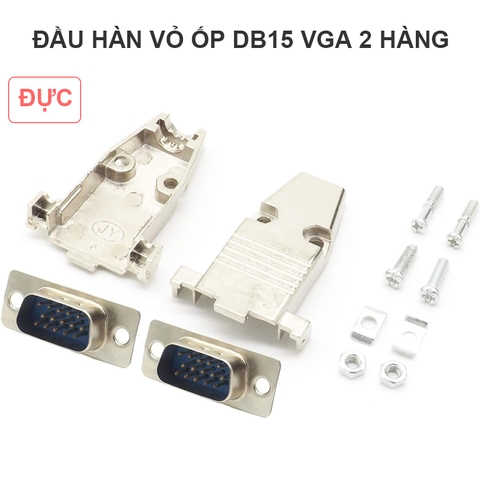 Rắc hàn chân VGA DB15 3 hàng vỏ ốp kim loại - 15-pin D-Sub male and female plug with metal casing.