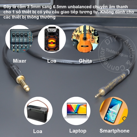 Dây 3.5 TRS sang 6.5 TS unbalanced chuyển âm thanh Smartphone Laptop sang Loa liền công suất - 1/8 stereo to 1/4 mono audio cable for active speakers