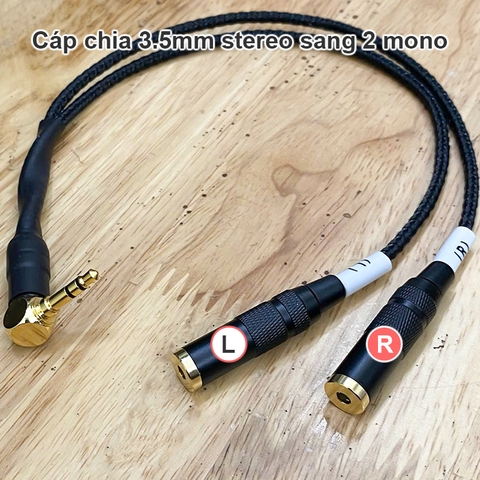 Dây chia 3.5 stereo đực sang 2 đầu 3.5mm mono cái cho 2 loa trái phải hoặc timecode cho micro và camera