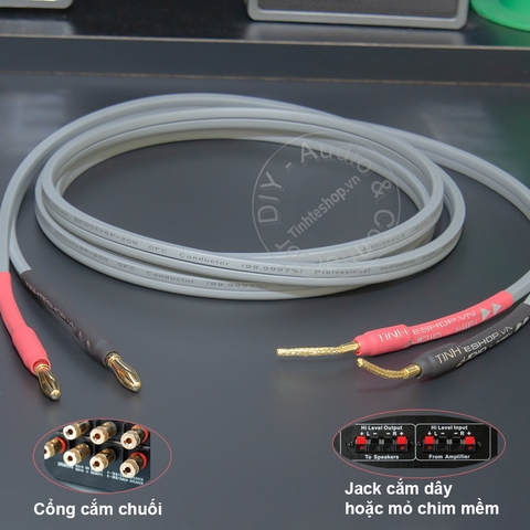 Dây loa bắp chuối sang mỏ chim mềm 1 vế - DIY speaker cable with banana plugs and 24K gold-plated soft copper mesh