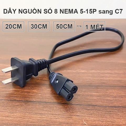 Dây nguồn số 8 chân dẹt tùy chỉnh kích thước 30Cm đến 1 mét - NEMA 5-15P to IEC C7 power cable, custom size available upon request.