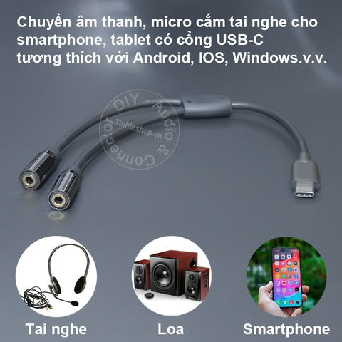 USB C sang 3.5 1 bên micro 1 bên audio 20Cm - Type-C audio cable divided into 2 3.5mm ports, one side microphone, one side HIFI audio DAC ALC5686