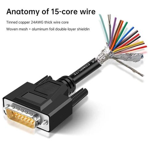 DB15 Male RS232 15 Pin Serial Extension Cable, RS232 D-SUB DB15 Serial to 15 Bare Wire Breakout Board Connector