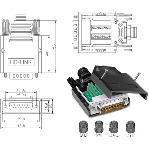 Giắc DB15 đực đấu nối ốc vít không cần hàn - DB15 Solderless Female RS232 D-SUB Serial Adapters, 16mm thinner 15 Pin Port Terminal Solderfree Breakout Board Connector with Case Accessories