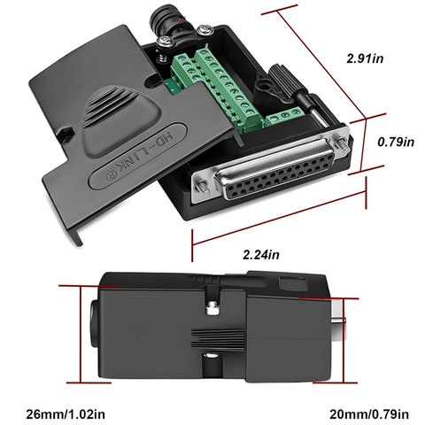 DB25 Female Solderless Breakout Connector, RS232 D-SUB DB25 Serial to 25Pin Port Terminal Block with Case Long Bolts Tail Pipe