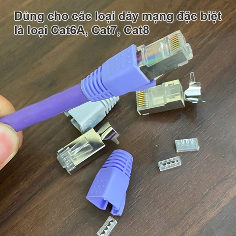Hạt mạng 2 mảnh xếp dây phù hợp cho dây Cat6A Cat7 Cat8 kèm đầu chụp - Metal-clad network cable connectors for large-sized cables.