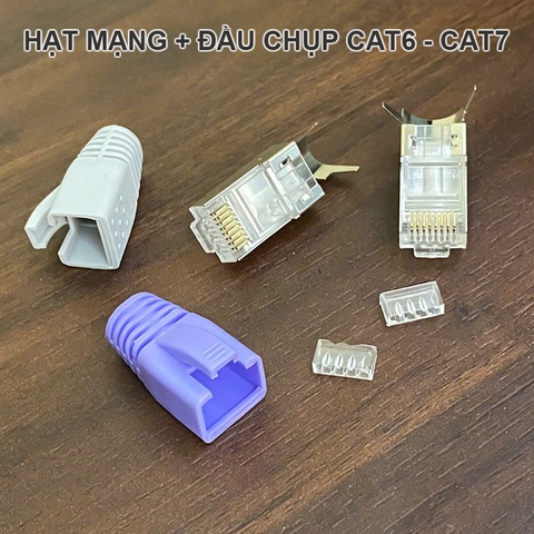 Hạt mạng 2 mảnh xếp dây phù hợp cho dây Cat6A Cat7 Cat8 kèm đầu chụp - Metal-clad network cable connectors for large-sized cables.