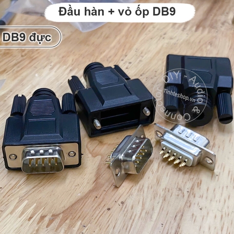 Giắc cắm COM 9 chân cái kèm vỏ ốp nhựa cứng - Housing with RS232 DB9 plug solder head 24K gold plated copper