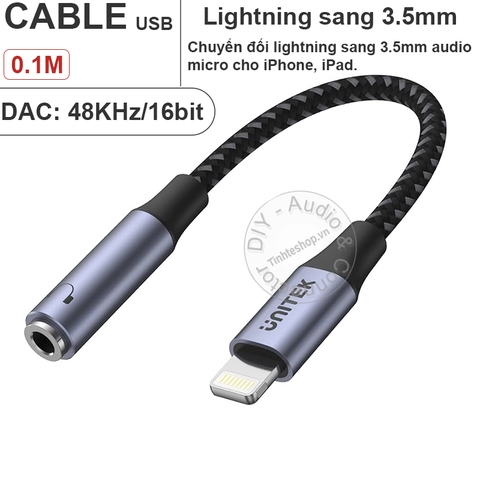 Cáp từ iPhone iPad sang 3.5mm 1 mét Unitek M1209A - Lighthtning to AUX DAC 16bit 48KHz cable