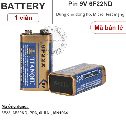 Pin 9V 6F22 Pin cho mic không dây 9V Tianqiu 1 viên - 9V 6F22 9 Volts Heavy Duty 0% Mercury Battery