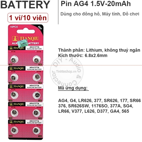 PIN nút AG4 SG4 G4 SR66 LR66 177 376 377 V377 L626 GA4 565 SR626SW LR626 SR626 1176SO Tianqiu 1.55V- 1 vỉ 10 viên