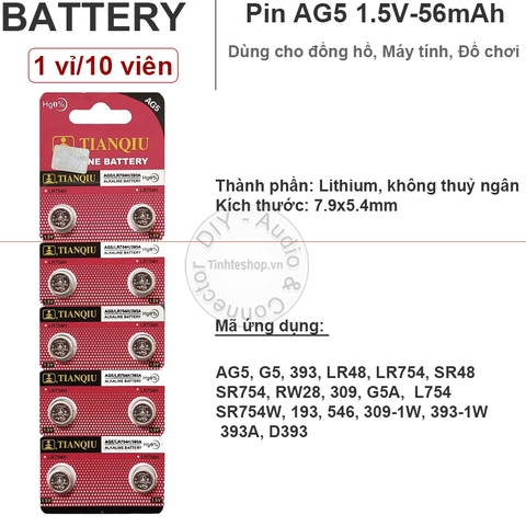PIN đầu đũa AG5 393 LR48 LR754 SR48 SR754 RW28 309 Tianqiu 1.55V - 1 vỉ 10 viên