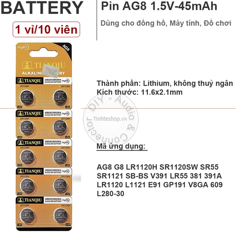 Pin đầu đũa AG8 G8 LR1120H SR1120SW SR55 SR1121 V391 LR55 381 391A LR1120 L1121 E91 GP191 V8GA Tianqiu 1.55V - 1 vỉ 10 viên