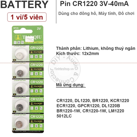Pin cúc áo CR1220 DL1220 BR1220 KCR1220 ECR1220 GPCR1220 DL1220B 5012LC - Lithium battery 3V CR1220 Tianqiu 1 vỉ 5 viên