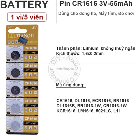 Pin cúc áo CR1616 DL1616 ECR1616 BR1616 DL1616B - Lithium battery 3V CR11616 Tianqiu 1 vỉ 5 viên