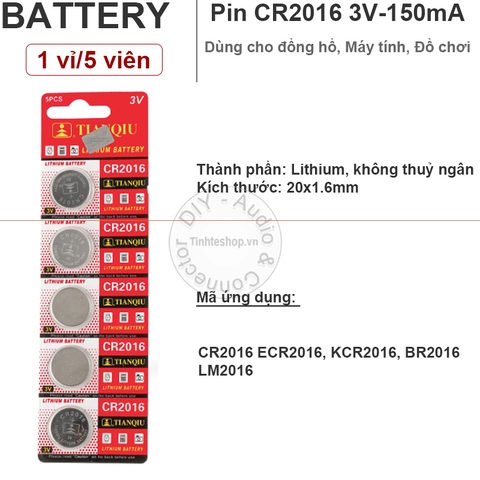 Pin điều khiển cửa cuốn CR2016 Pin điều khiển xe máy CR2016 3V Tianqiu - Lithium battery CR2016