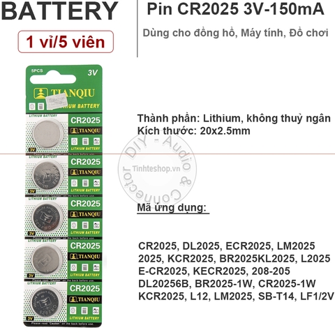Pin điều khiển xe máy CR2025 Pin 2025 điều khiển cửa cuốn Tianqiu 3V 1 vỉ 5 viên - Lithium battery CR2025 for Remote Watch