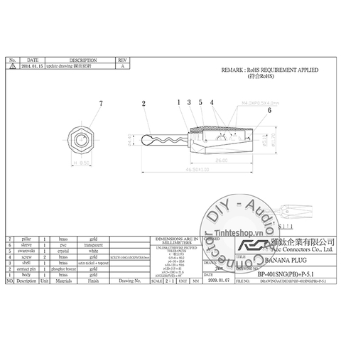 Rắc loa bắp chuối răng cưa đồng mạ vàng 24K AEC - Connector BP-401SN\ZAG(PB)+P-5.1