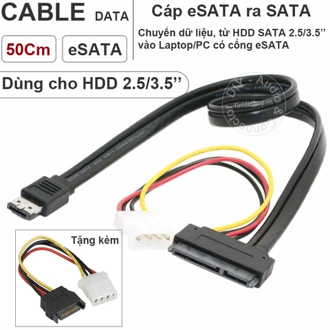 Cáp SATA sang eSATA cho ổ HDD 2.5 3.5'' DVD 5.25'' có cấp nguồn ngoài IDE 12V - eSATA to SATA cable for HDD 2.5/3.5'' with IDE 12V